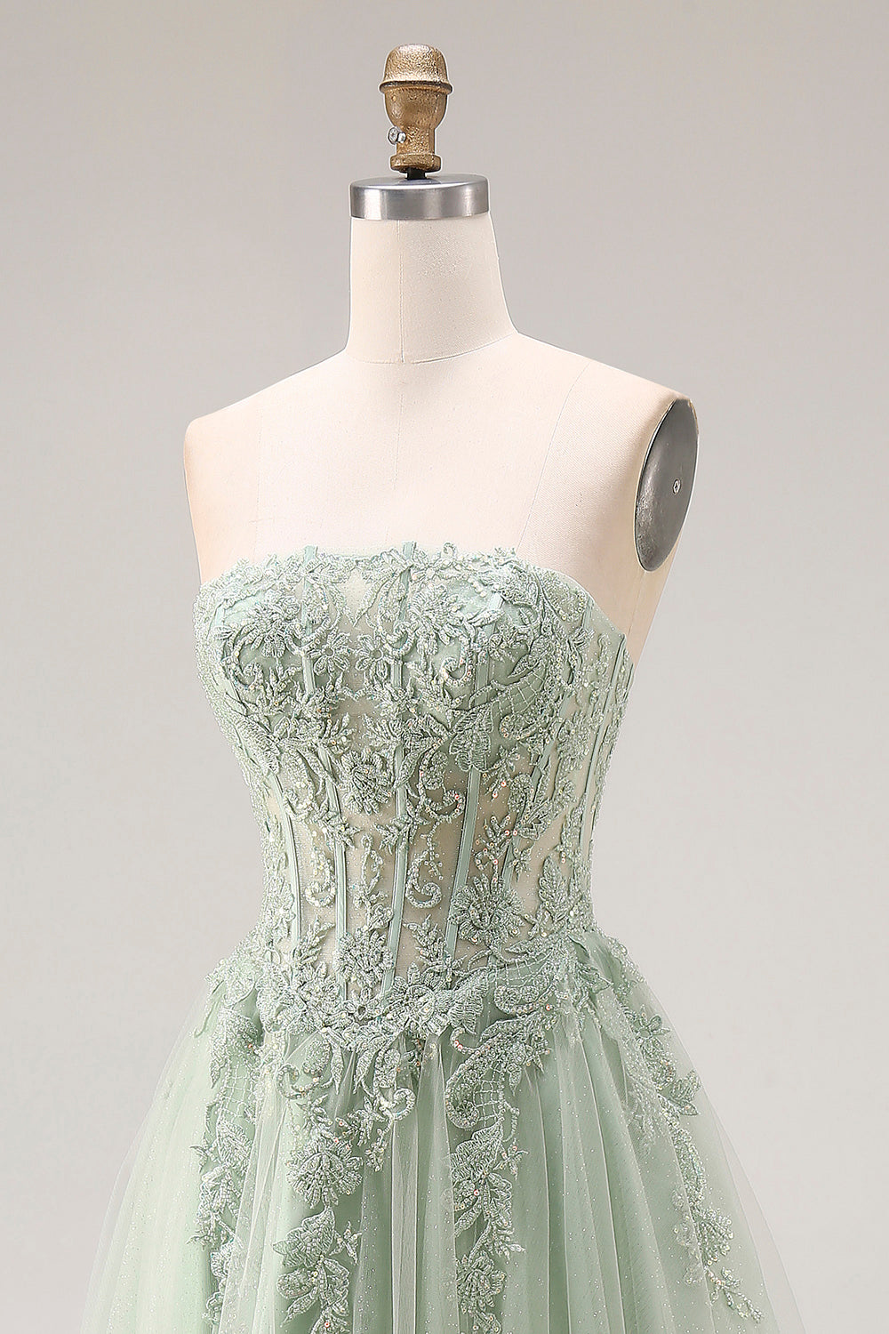 Strapless Corset A Line Dusty Green Appliqued Prom Dress