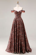 Off the Shoulder Coffee Leopard Corset A Line Prom Dress