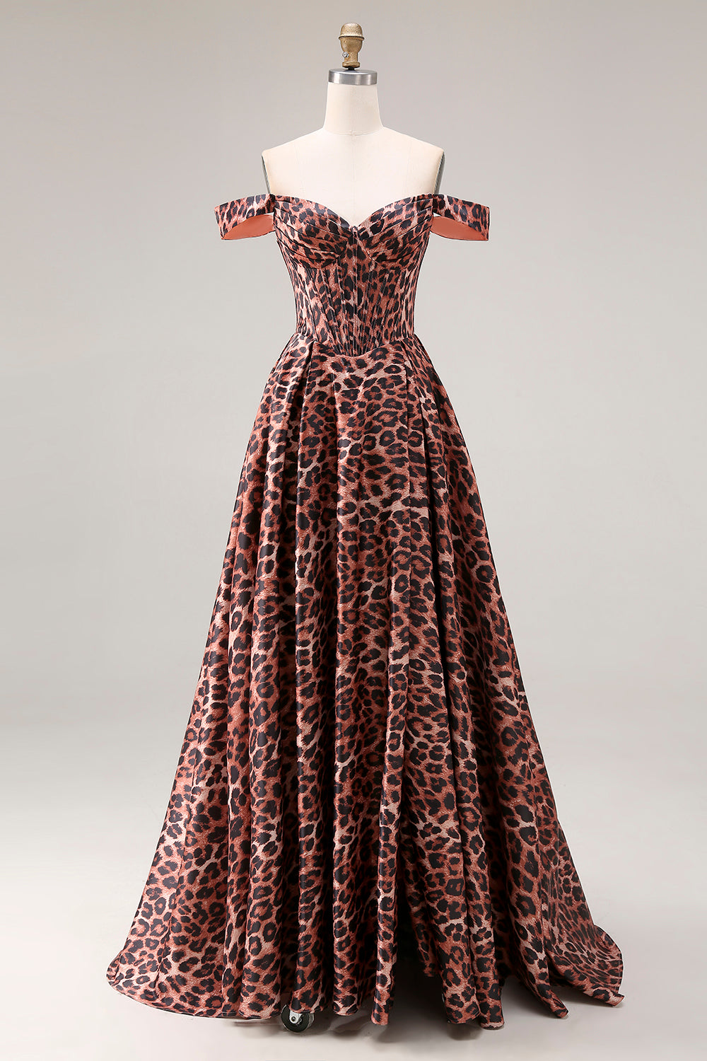 Off the Shoulder Coffee Leopard Corset A Line Prom Dress
