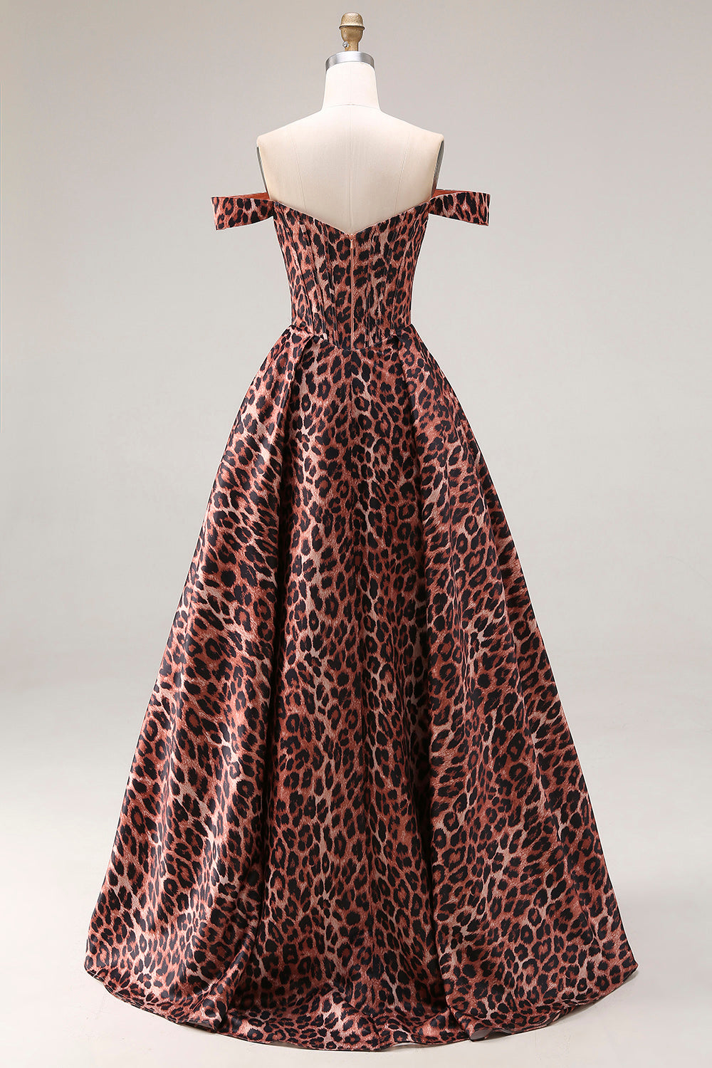 Off the Shoulder Coffee Leopard Corset A Line Prom Dress