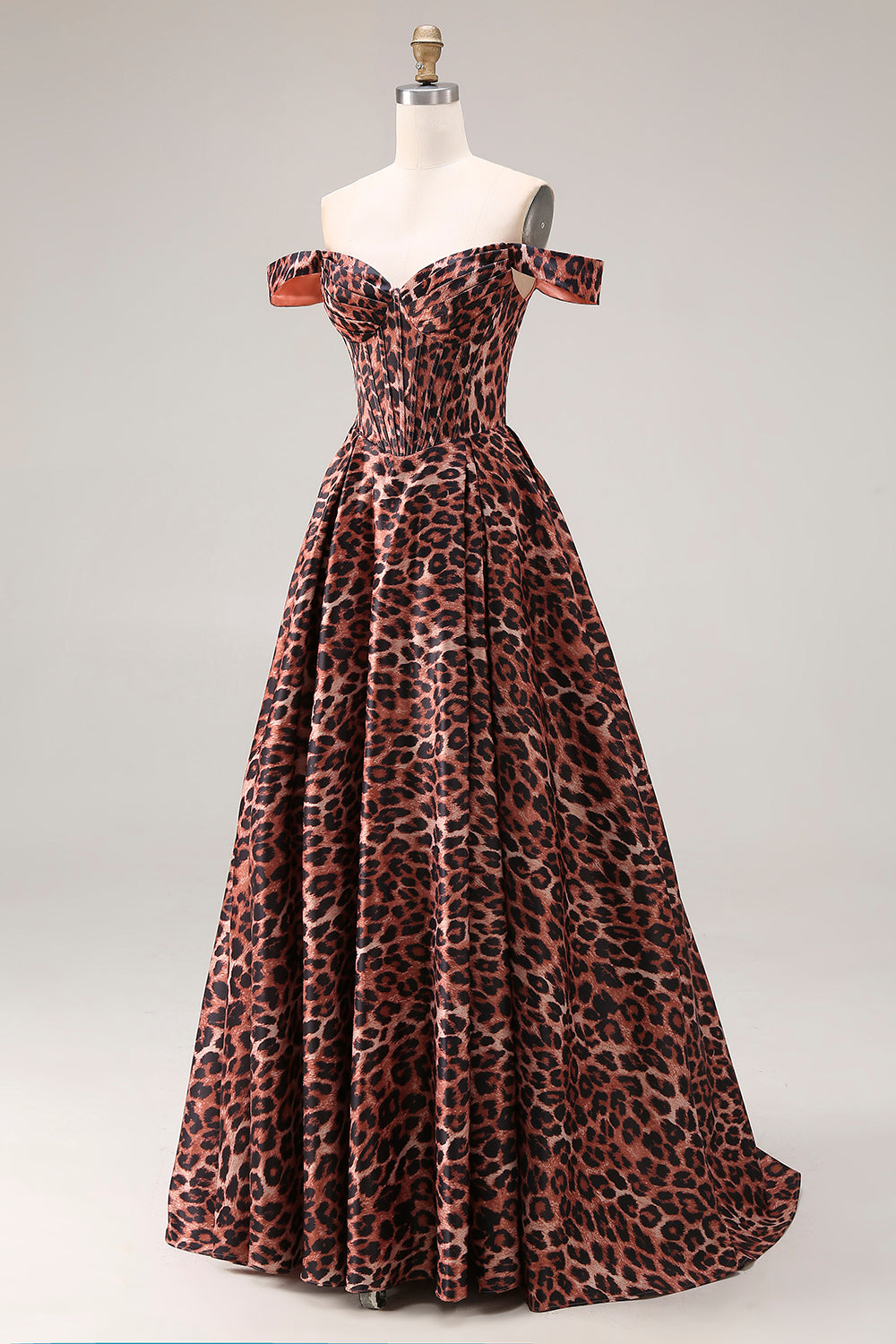 Off the Shoulder Coffee Leopard Corset A Line Prom Dress