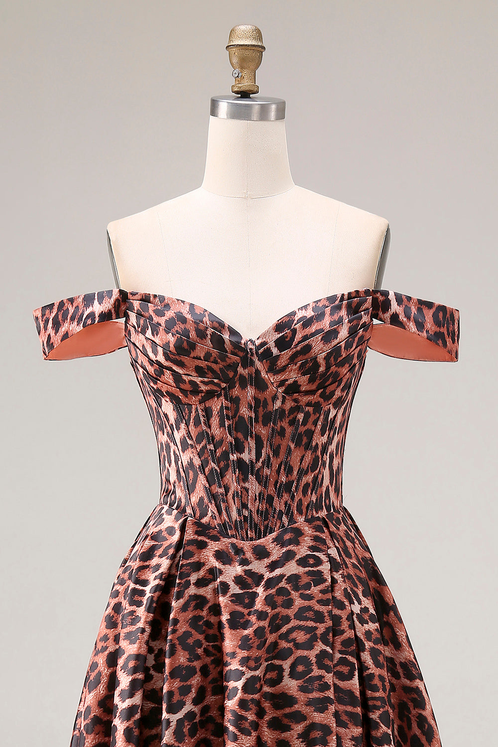 Off the Shoulder Coffee Leopard Corset A Line Prom Dress