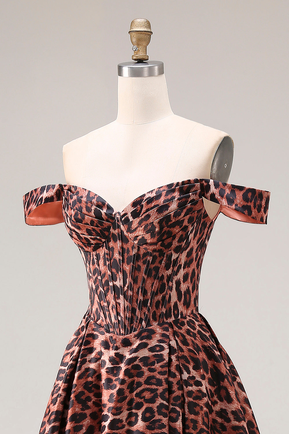 Off the Shoulder Coffee Leopard Corset A Line Prom Dress