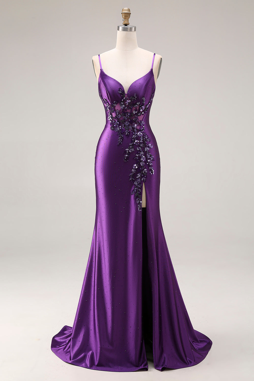 Mermaid Satin Sequin Beaded Corset Purple Prom Dress