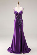 Mermaid Satin Sequin Beaded Corset Purple Prom Dress