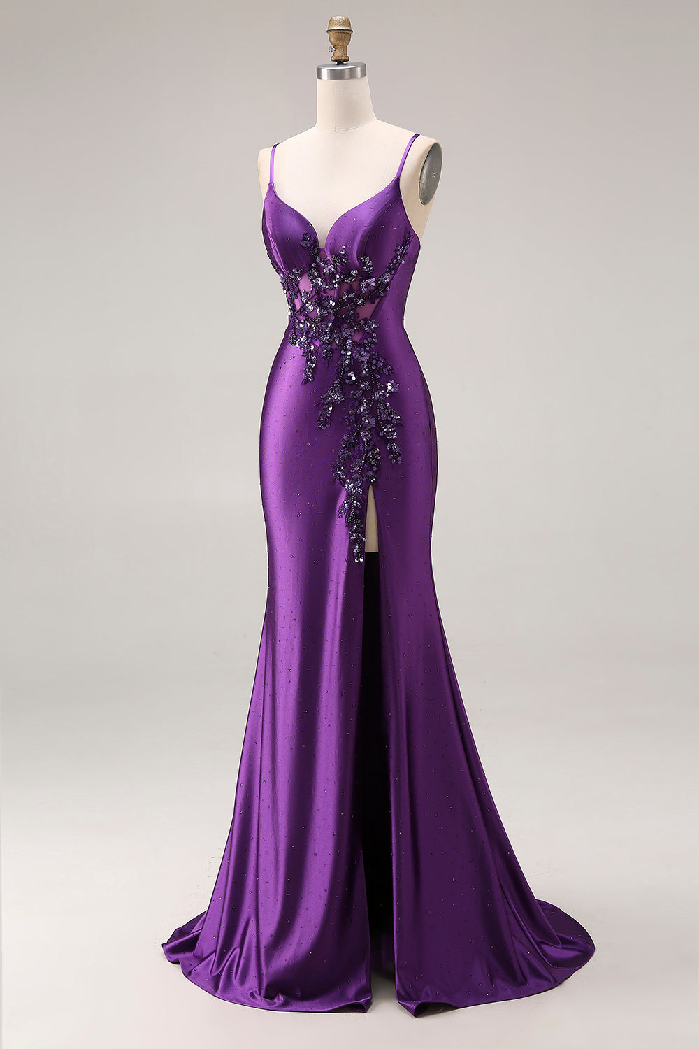 Mermaid Satin Sequin Beaded Corset Purple Prom Dress