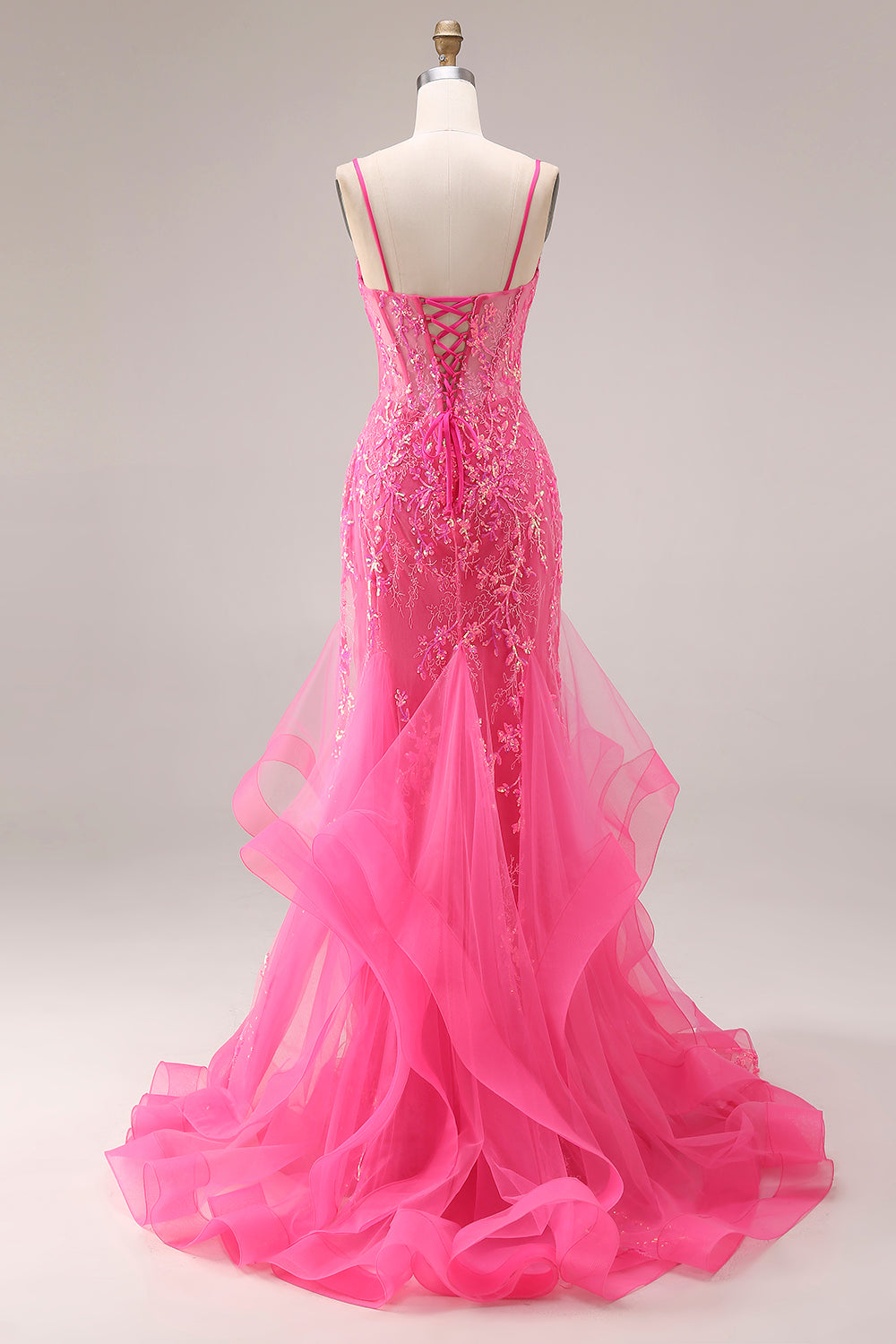 Sparkly Mermaid Corset Fuchsia Prom Dress with Ruffles