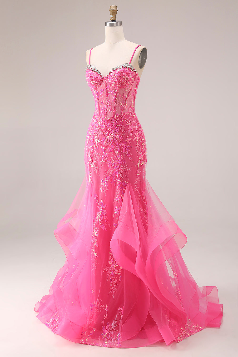 Sparkly Mermaid Corset Fuchsia Prom Dress with Ruffles