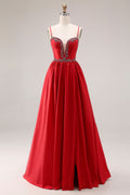 Sparkly Red A Line Pleated Maxi Prom Dress