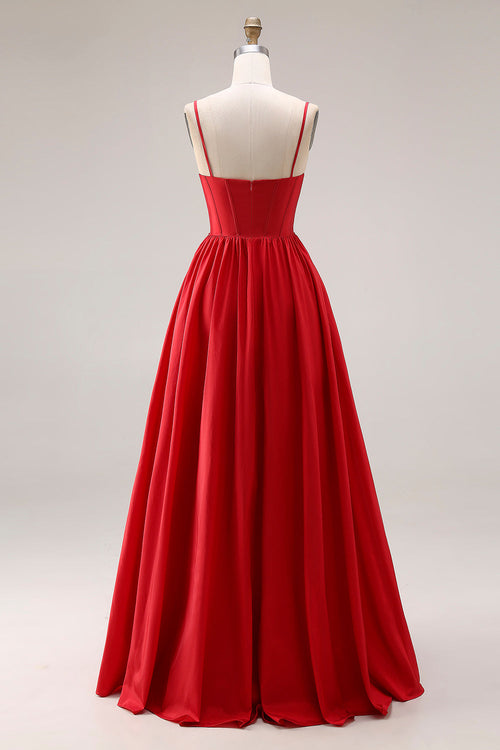 Sparkly Red A Line Pleated Maxi Prom Dress