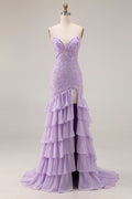 Purple Tiered Maxi Prom Dress with Appliques
