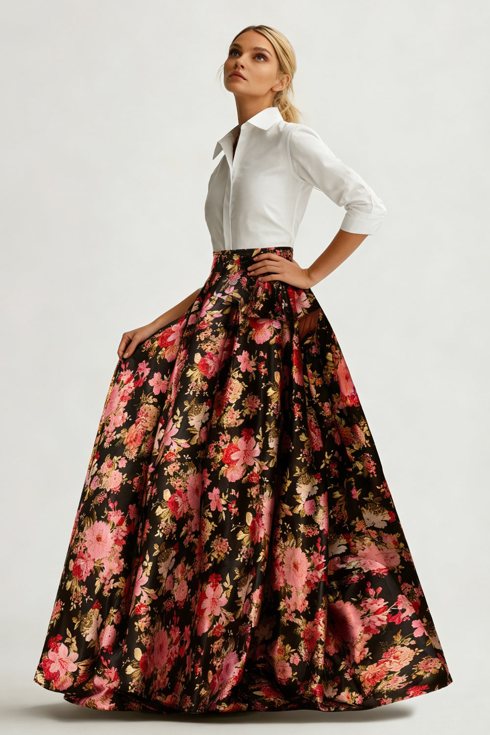 White and Black Pink Floral A Line Maxi Wedding Guest Dress