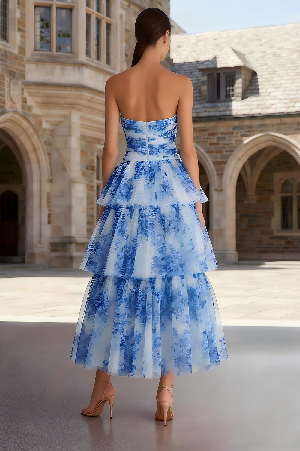 White Blue Floral Strapless Tiered Wedding Guest Dress