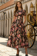 A Line Black Pink Floral Midi Wedding Guest Dress