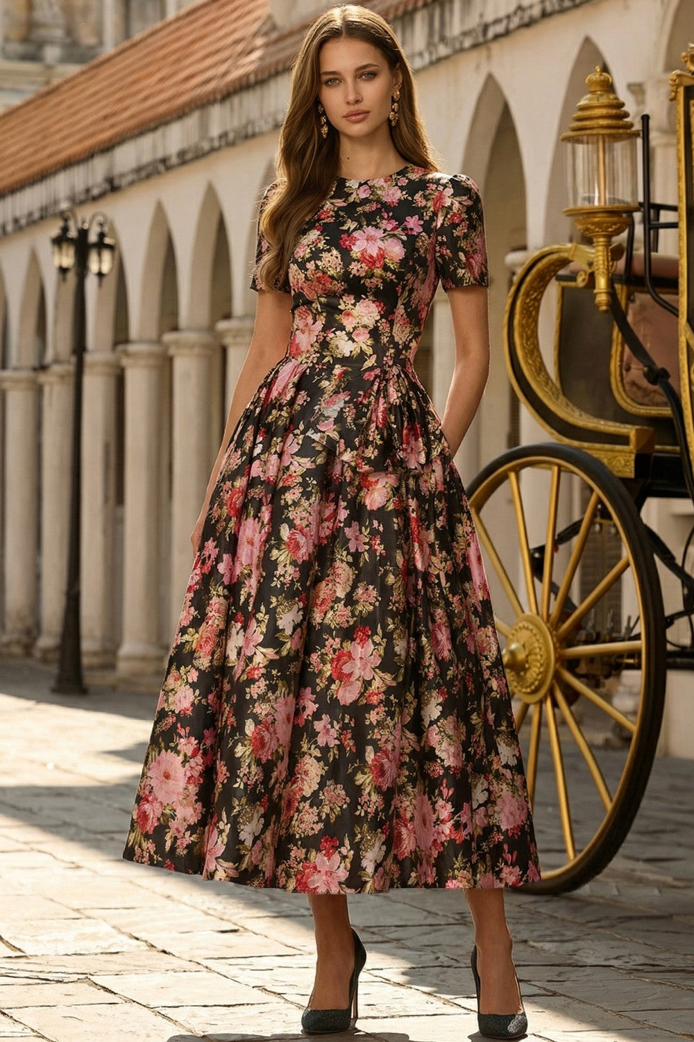A Line Black Pink Floral Midi Wedding Guest Dress