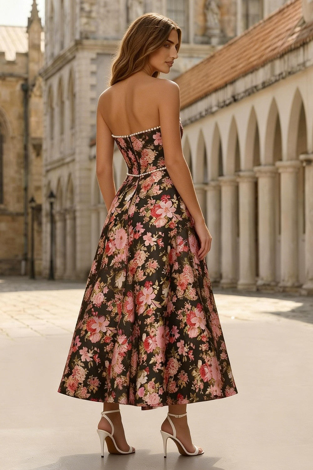 Strapless Black Pink Floral Midi Wedding Guest Dress with Pearls