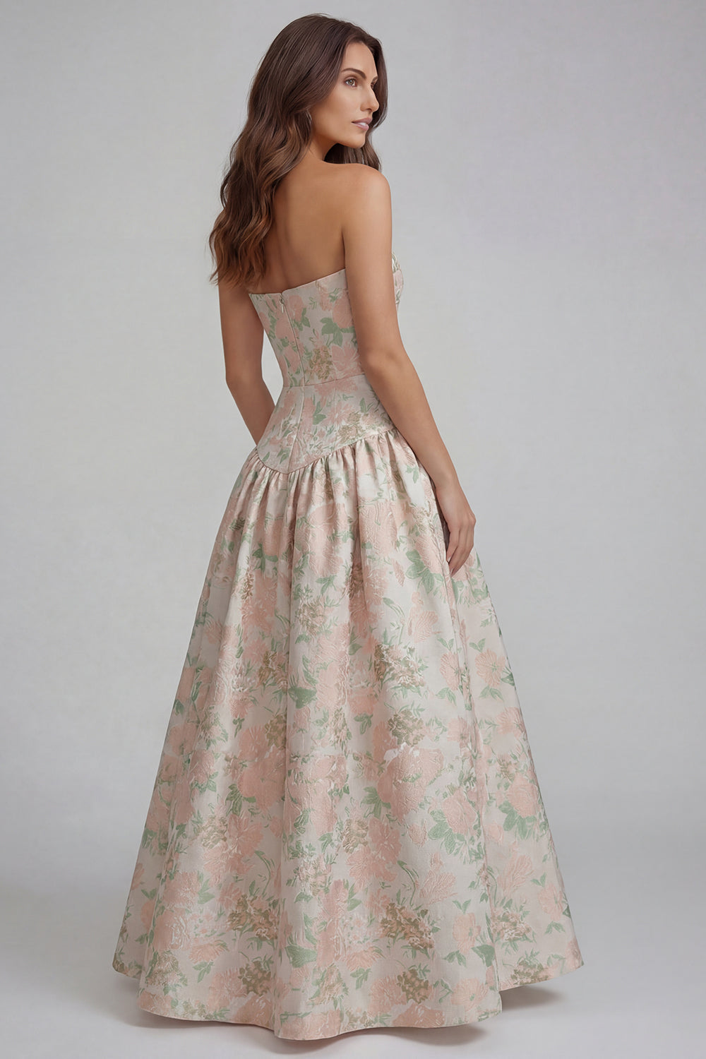 Strapless Blue White Floral A Line Maxi Wedding Guest Dress