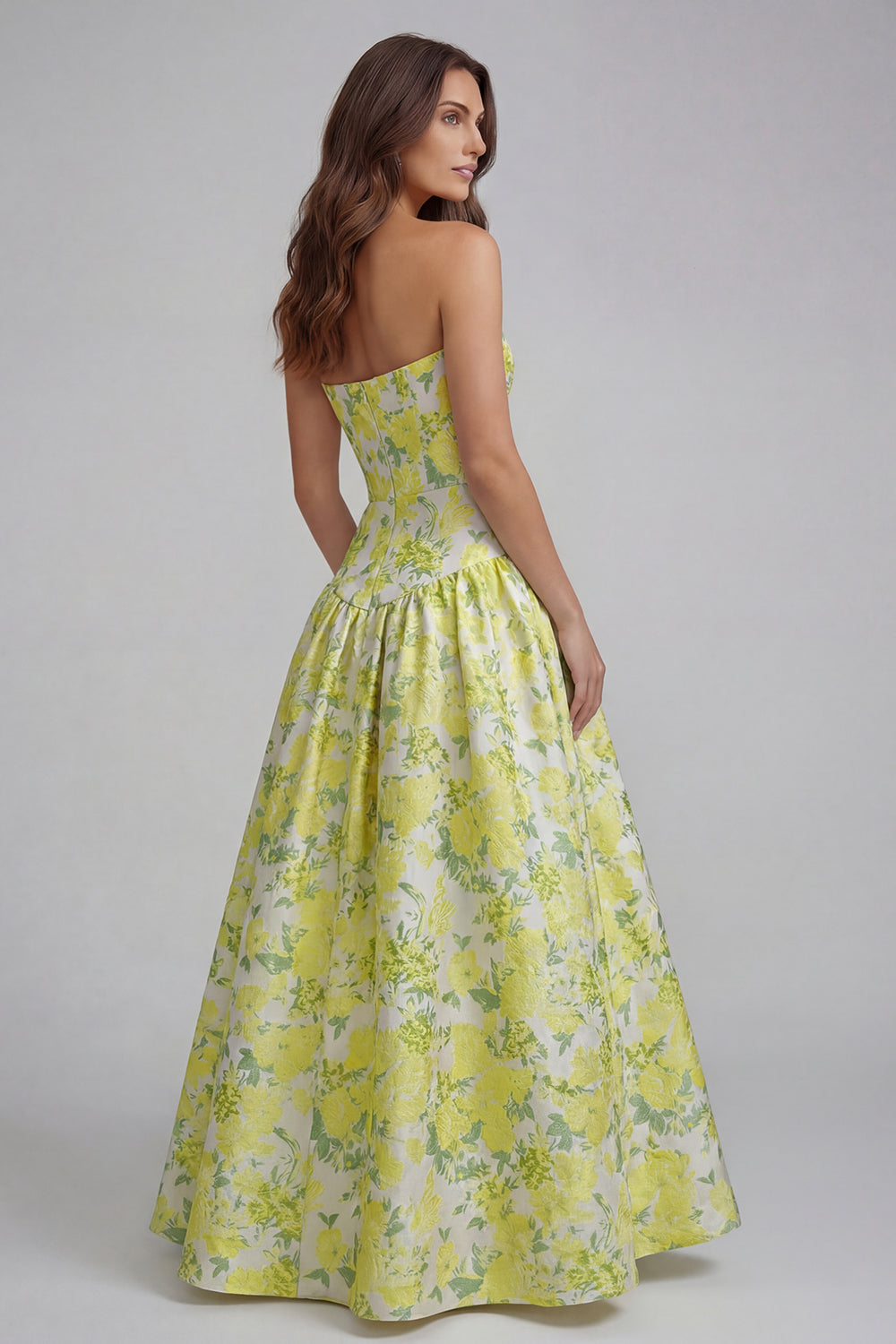 Strapless Blue White Floral A Line Maxi Wedding Guest Dress