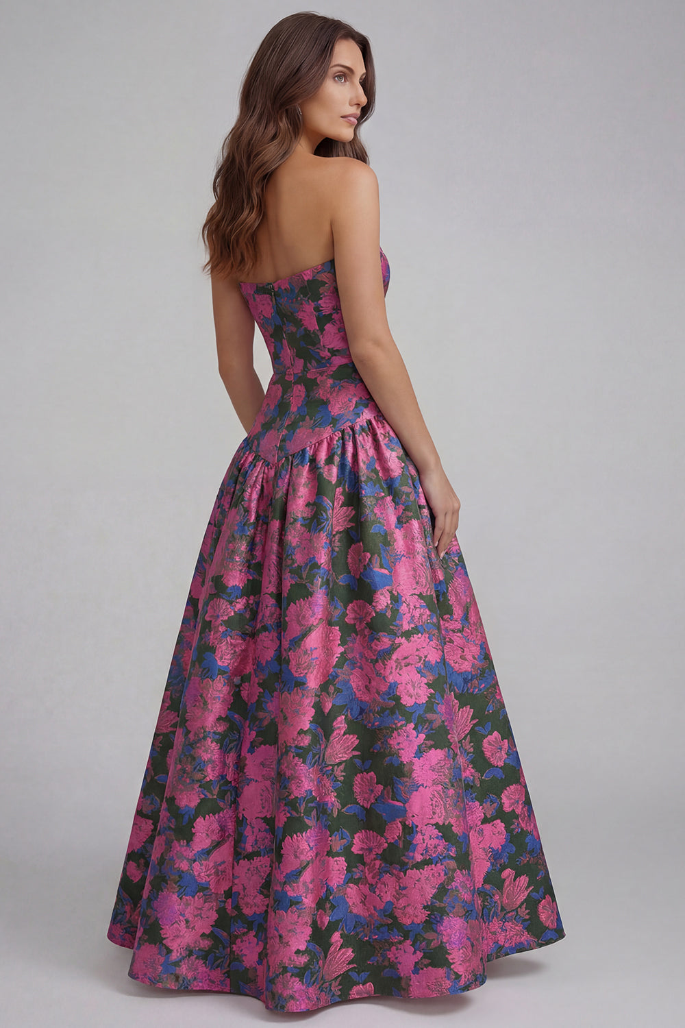 Strapless Blue White Floral A Line Maxi Wedding Guest Dress