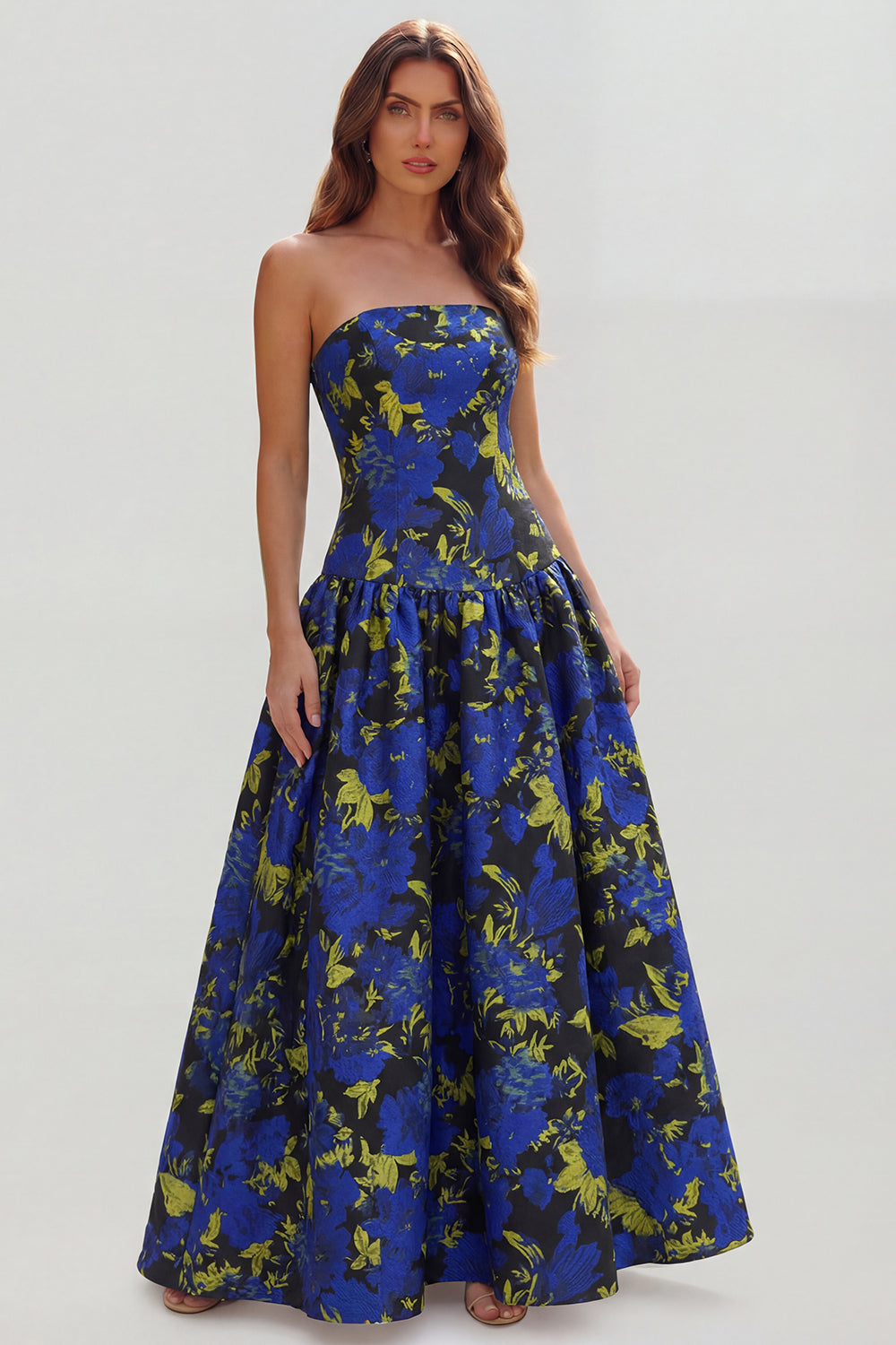Strapless Blue White Floral A Line Maxi Wedding Guest Dress