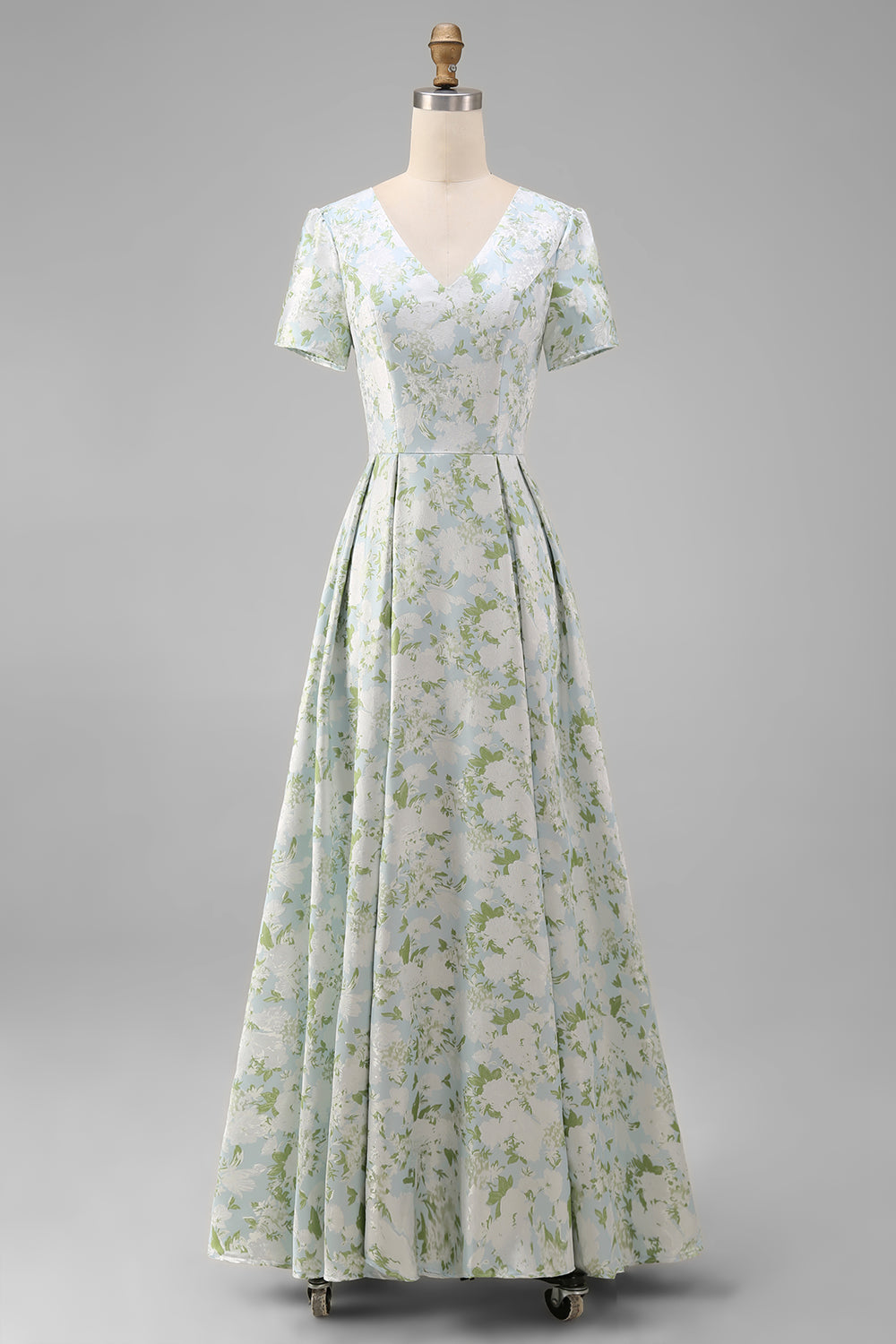 Blue White Floral A Line V Neck Midi Wedding Guest Dress