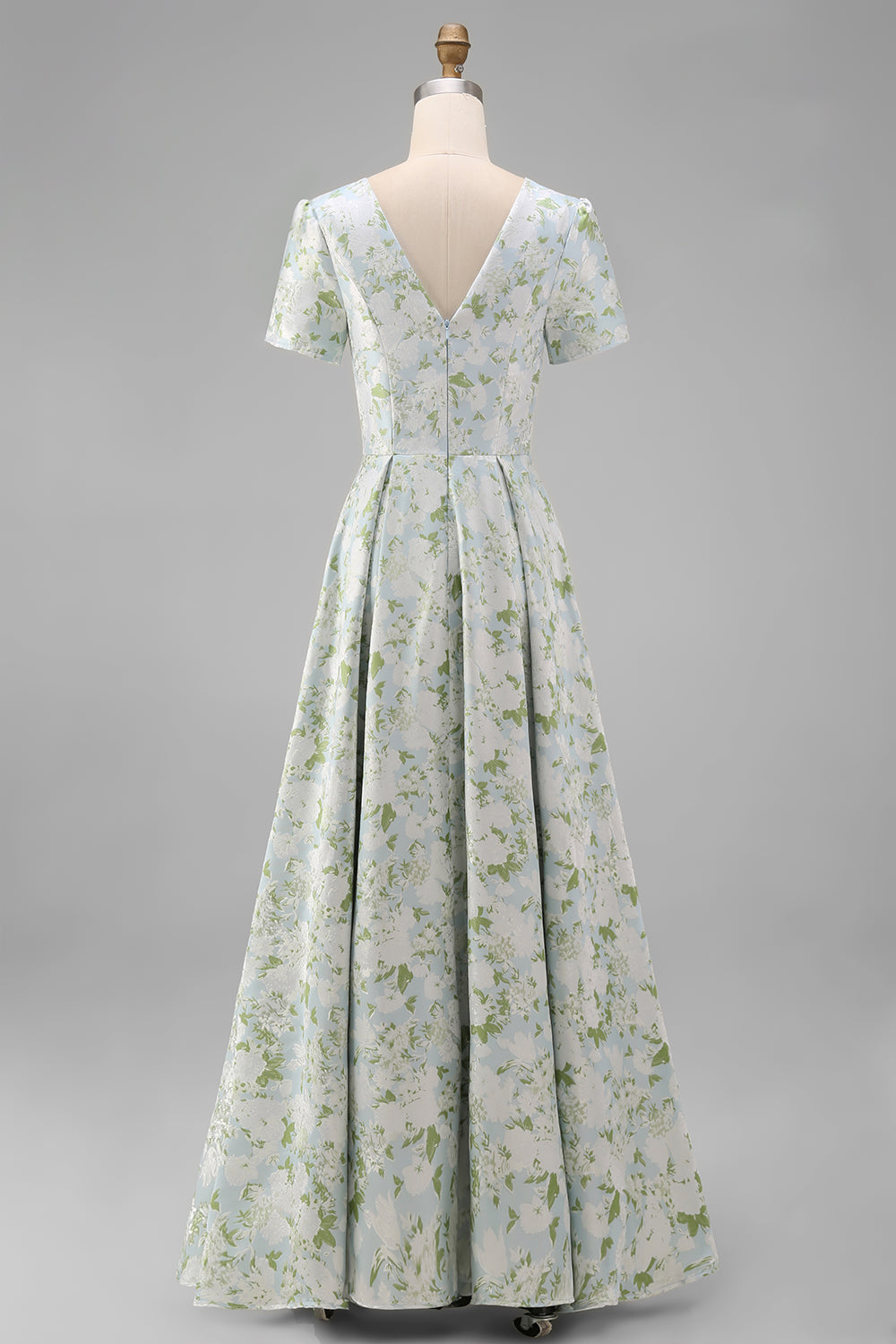 Blue White Floral A Line V Neck Midi Wedding Guest Dress