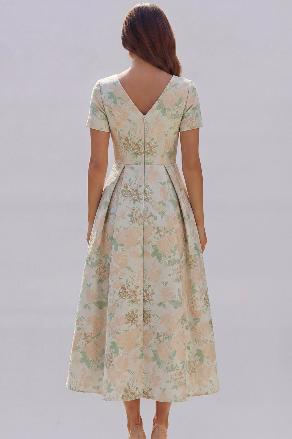 Blue White Floral A Line V Neck Midi Wedding Guest Dress