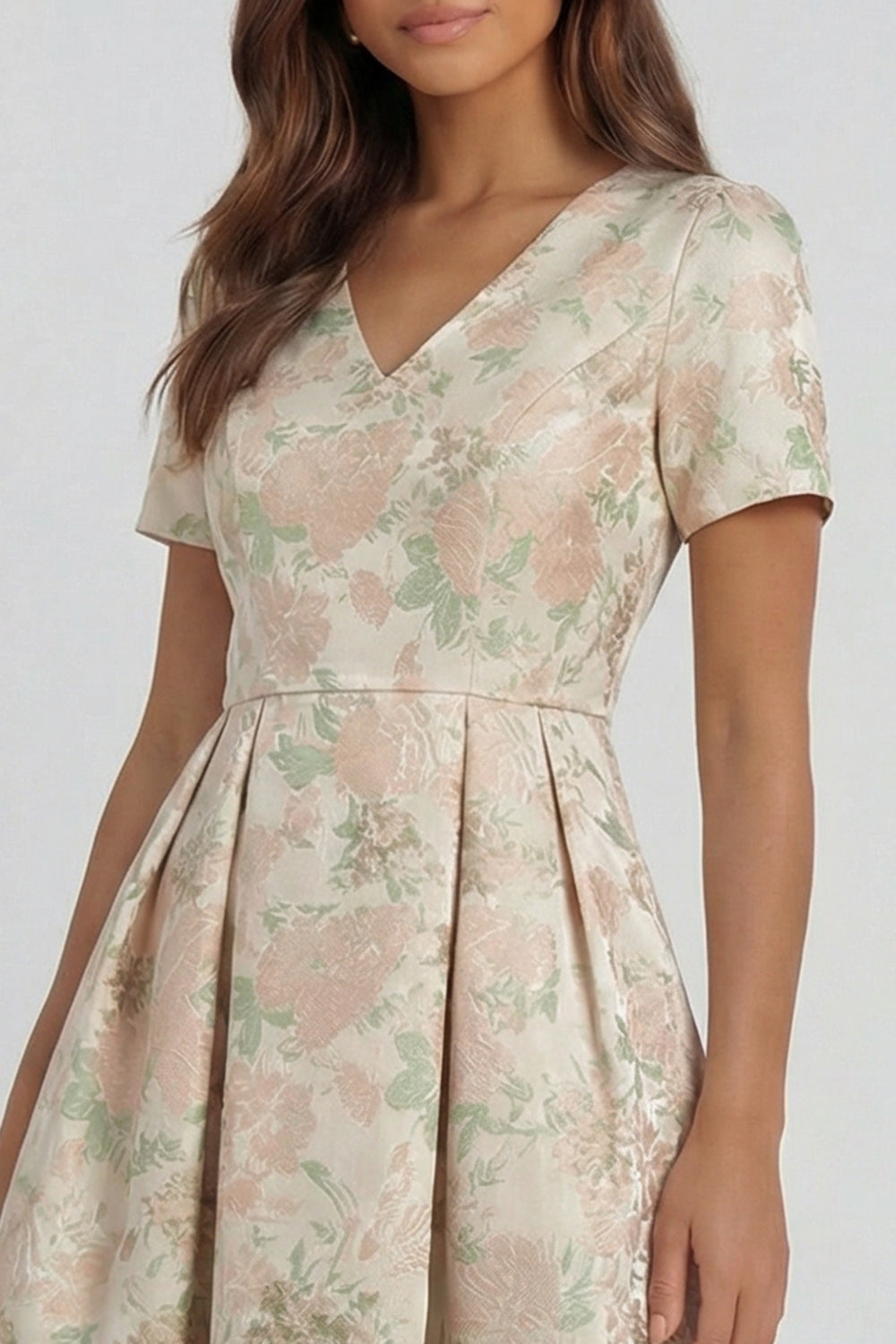 Blue White Floral A Line V Neck Midi Wedding Guest Dress