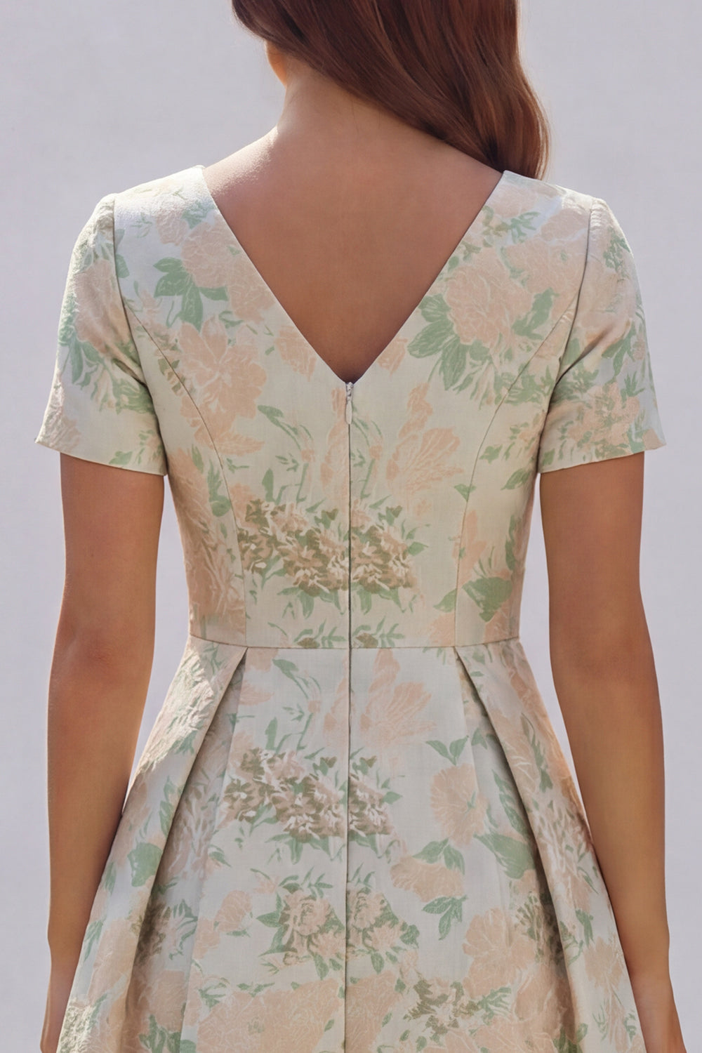 Blue White Floral A Line V Neck Midi Wedding Guest Dress