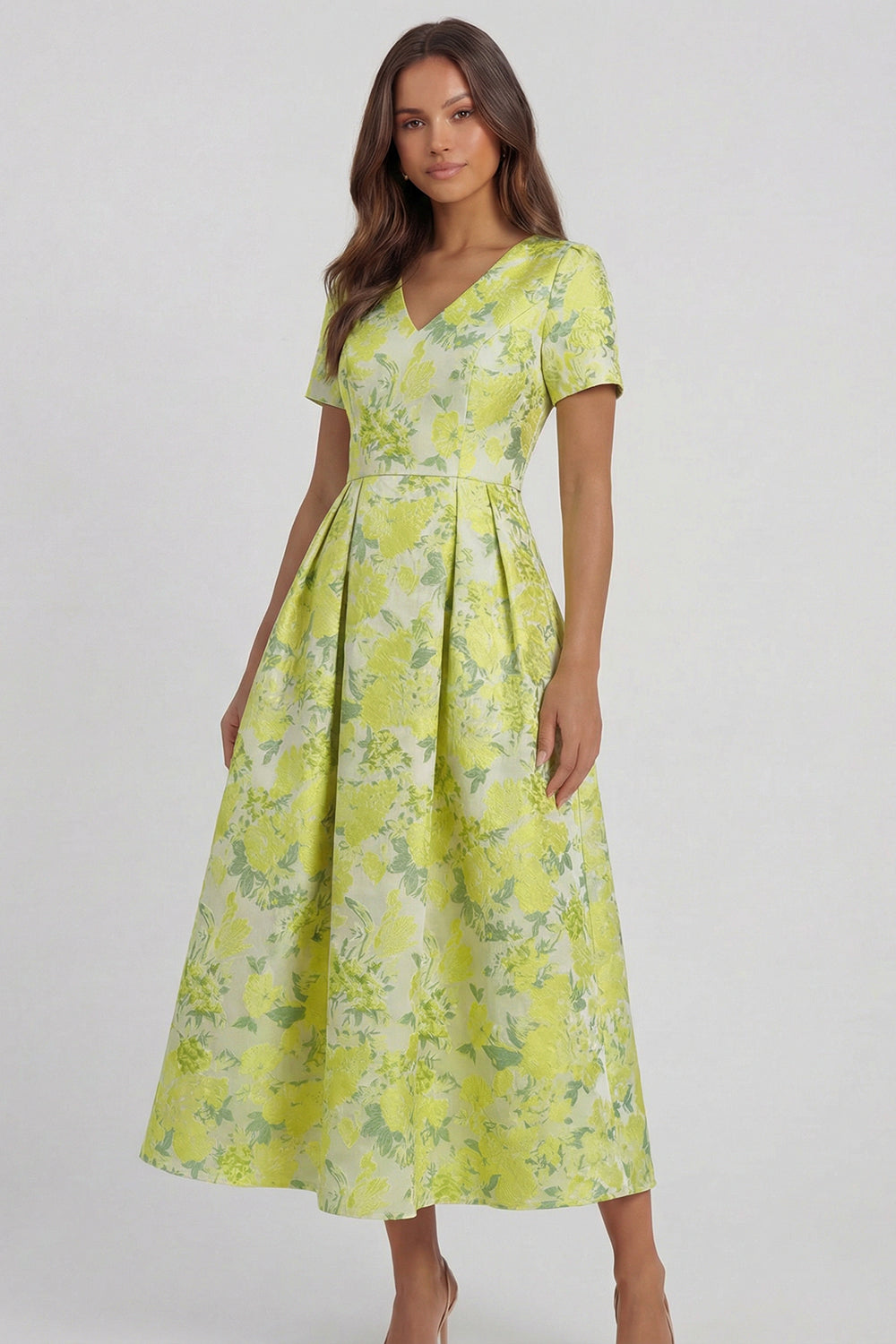 Blue White Floral A Line V Neck Midi Wedding Guest Dress