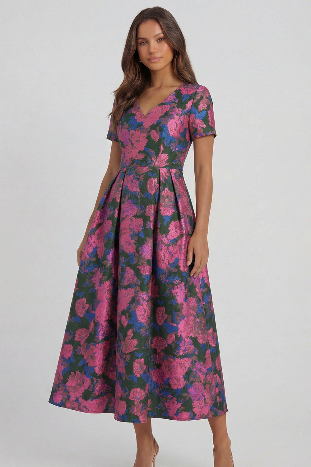 Blue White Floral A Line V Neck Midi Wedding Guest Dress
