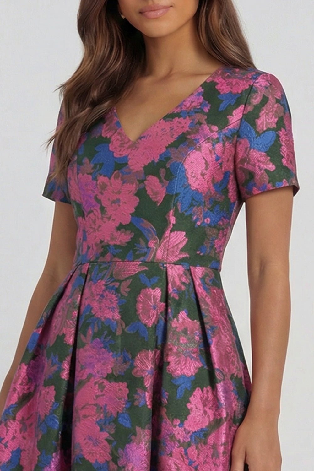 Blue White Floral A Line V Neck Midi Wedding Guest Dress