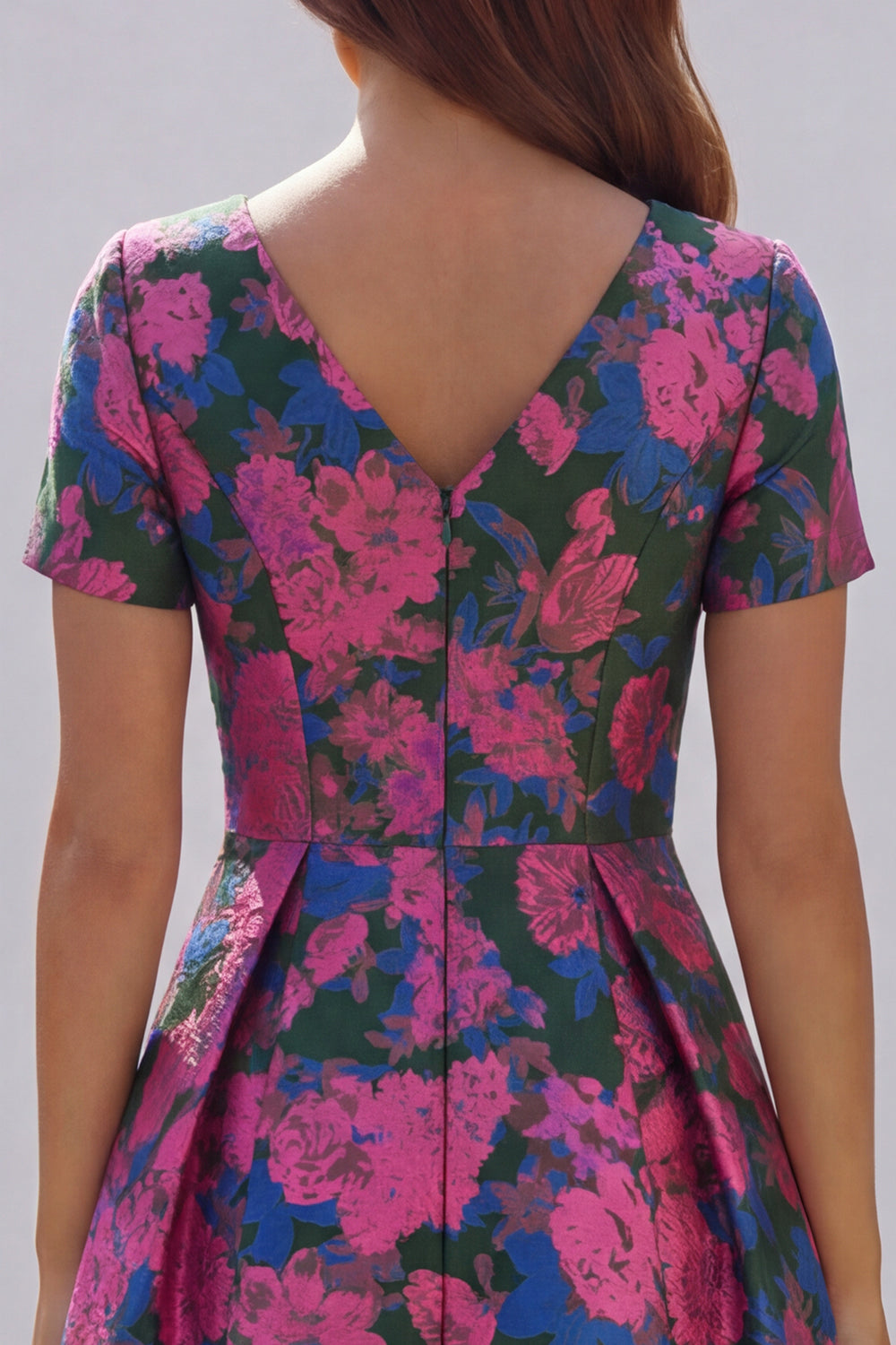 Blue White Floral A Line V Neck Midi Wedding Guest Dress