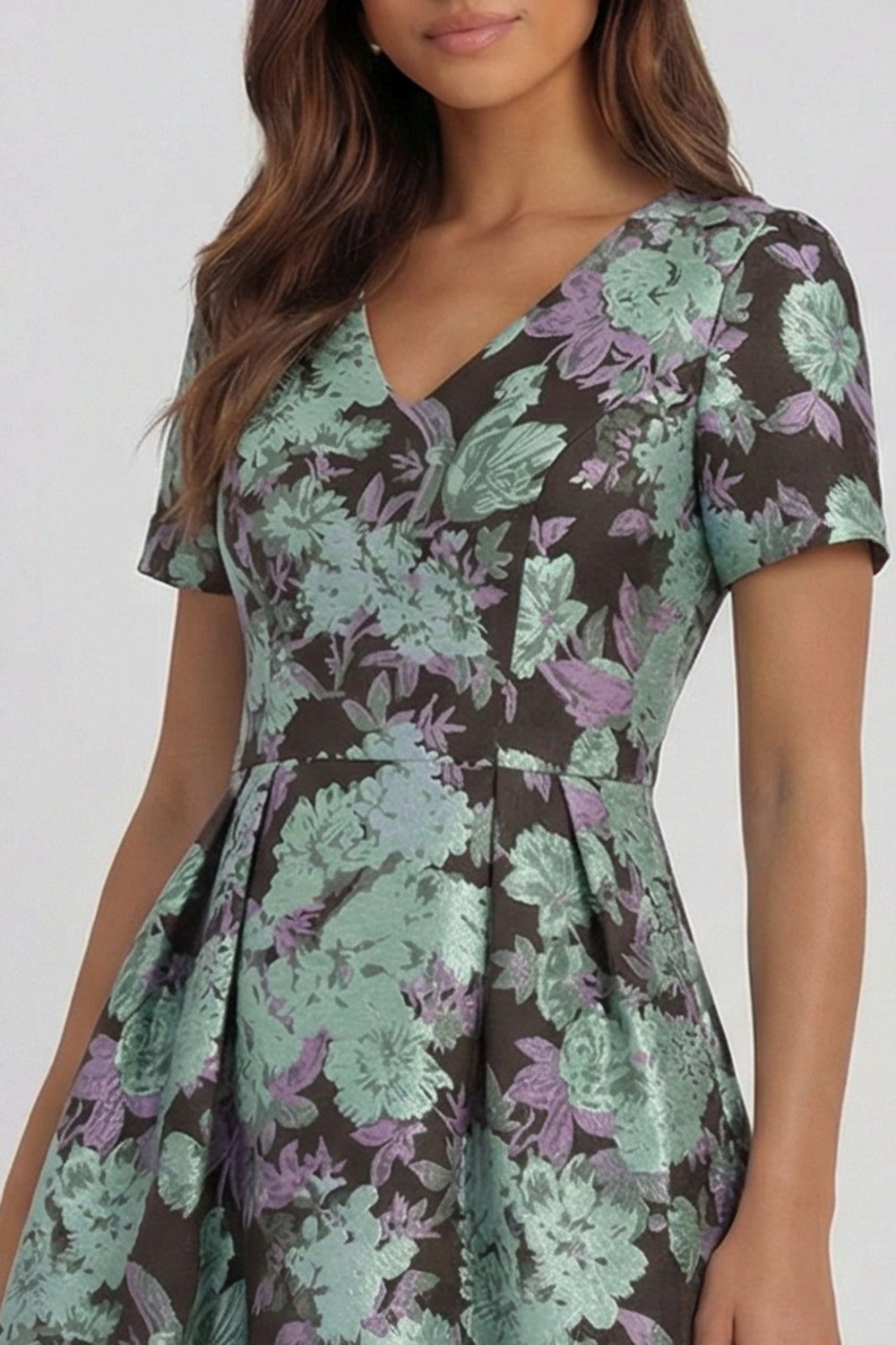 Blue White Floral A Line V Neck Midi Wedding Guest Dress