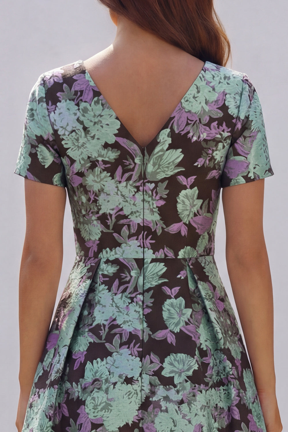 Blue White Floral A Line V Neck Midi Wedding Guest Dress