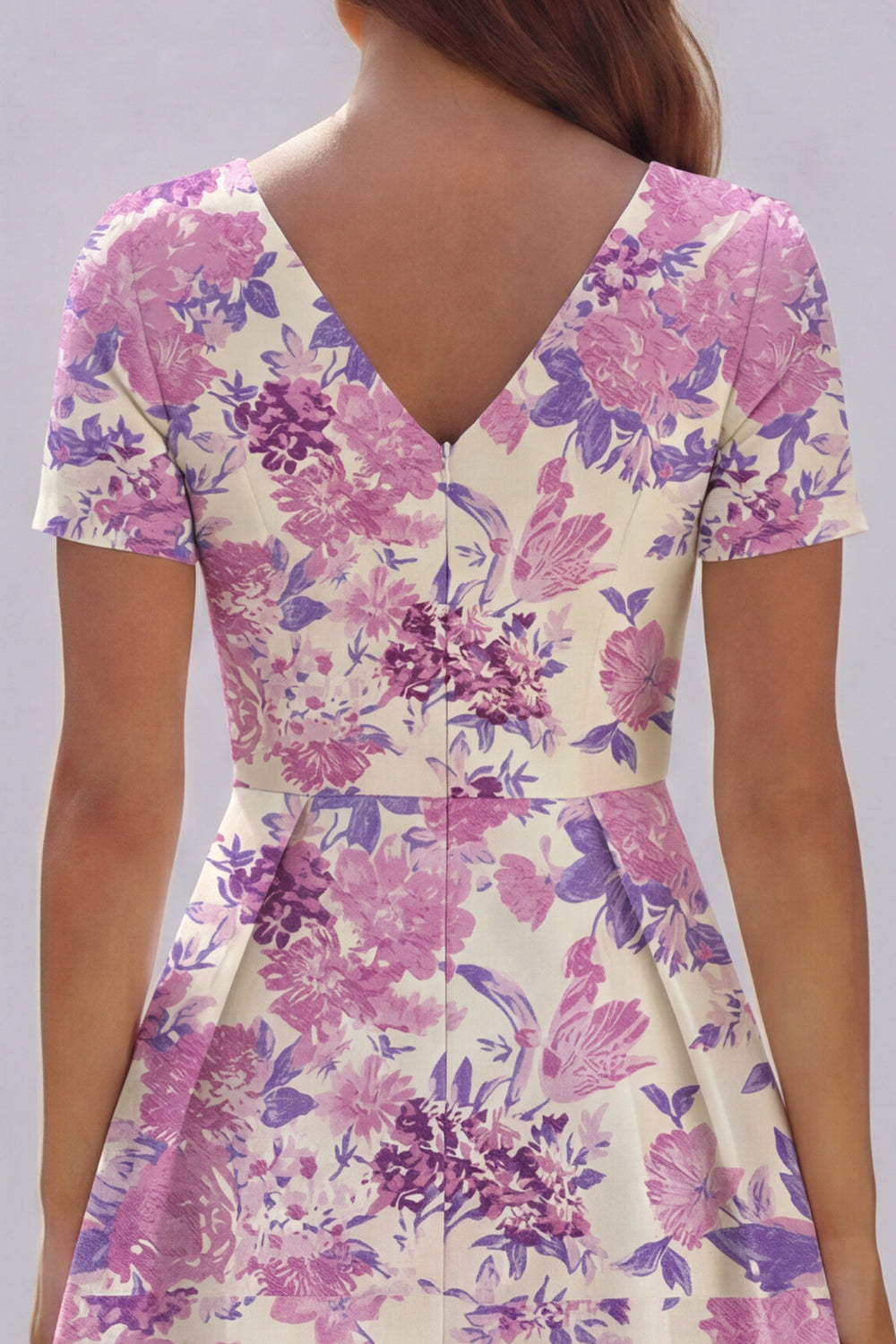 Blue White Floral A Line V Neck Midi Wedding Guest Dress