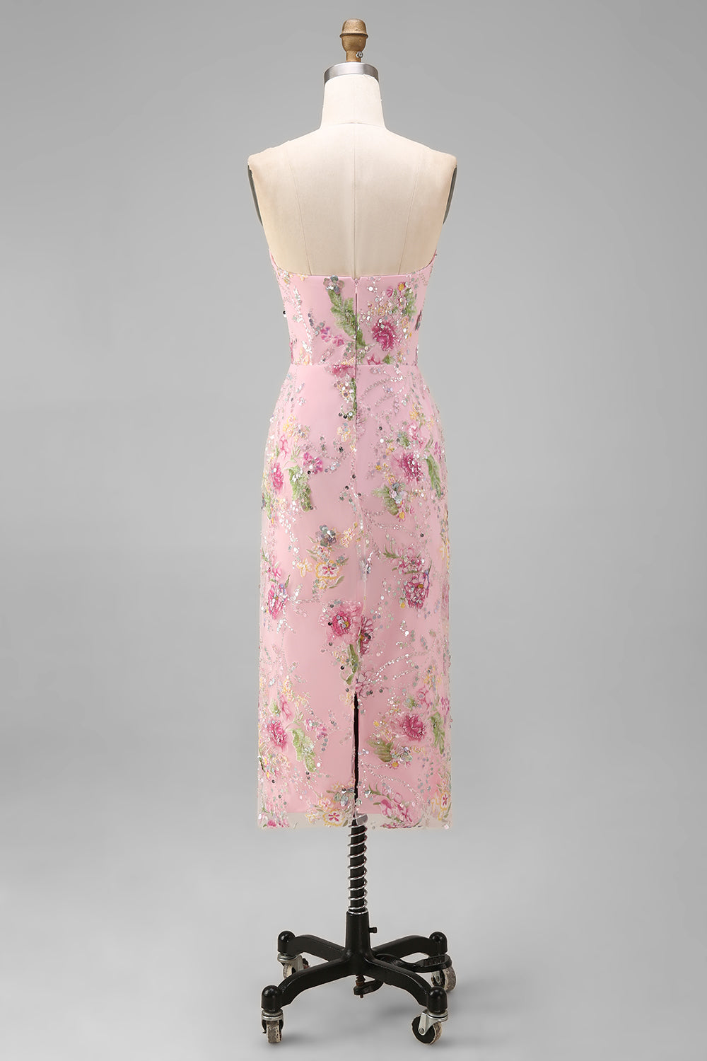 Sparkly Strapless Pink Floral Bodycon Midi Wedding Guest Dress