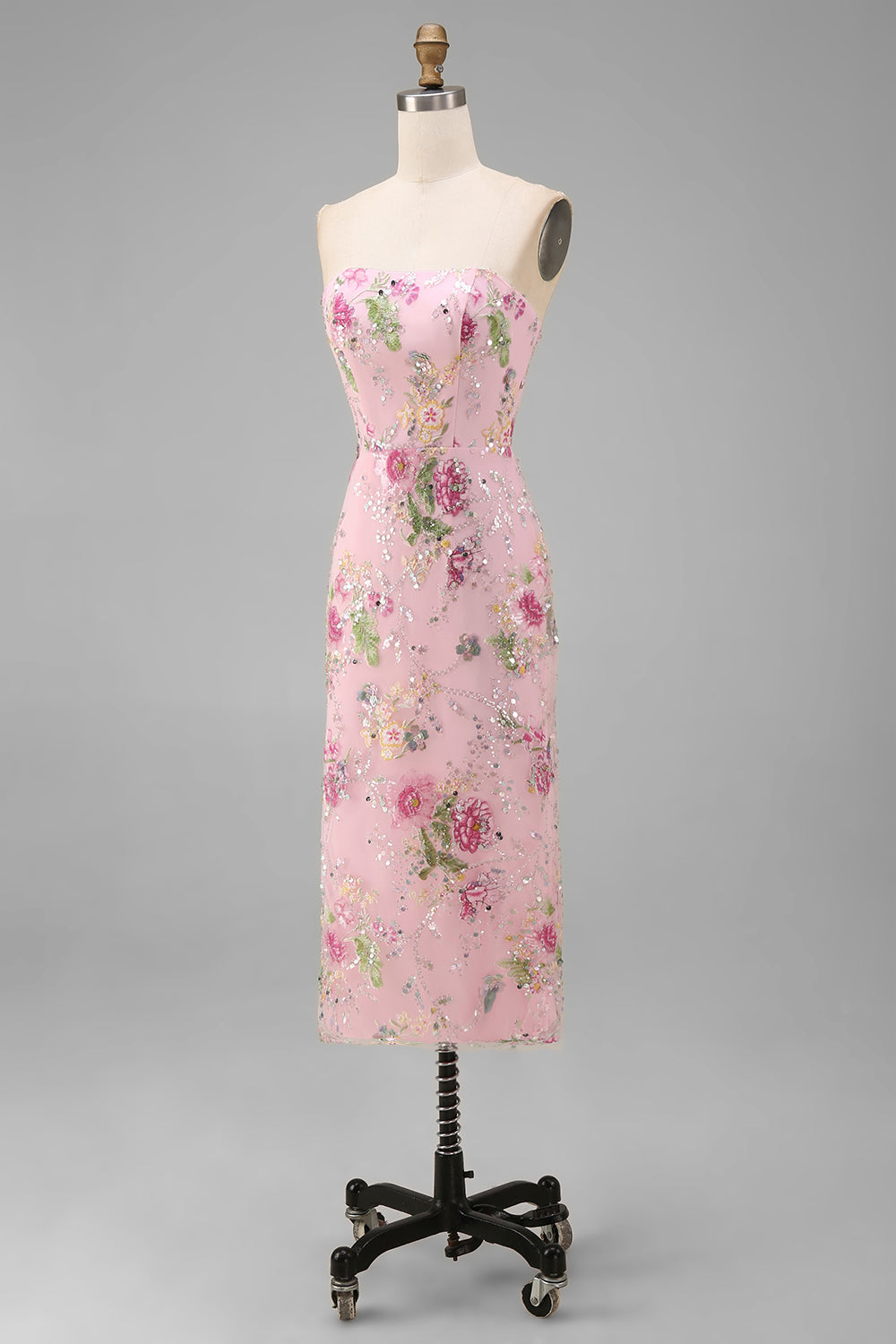 Sparkly Strapless Pink Floral Bodycon Midi Wedding Guest Dress