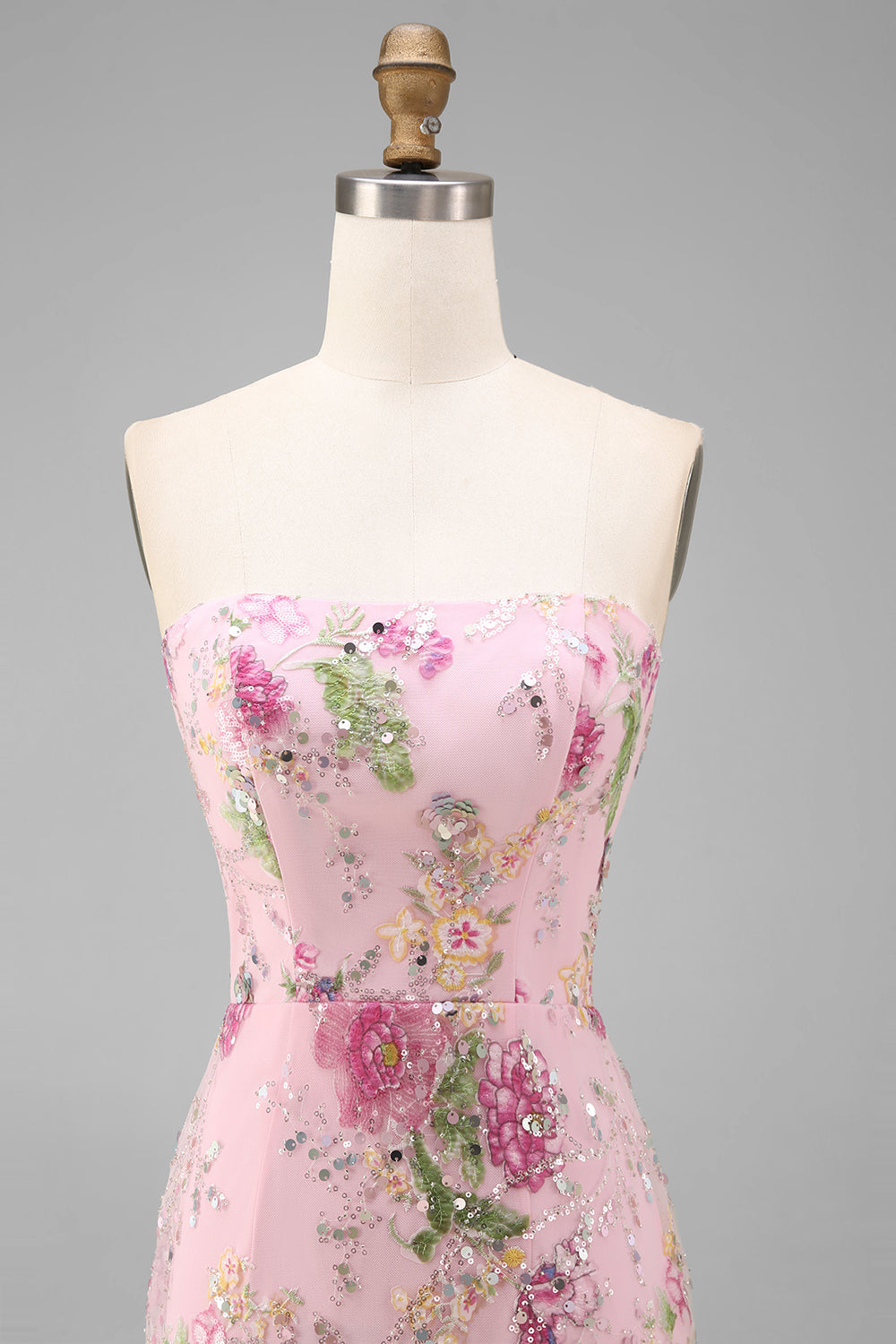 Sparkly Strapless Pink Floral Bodycon Midi Wedding Guest Dress
