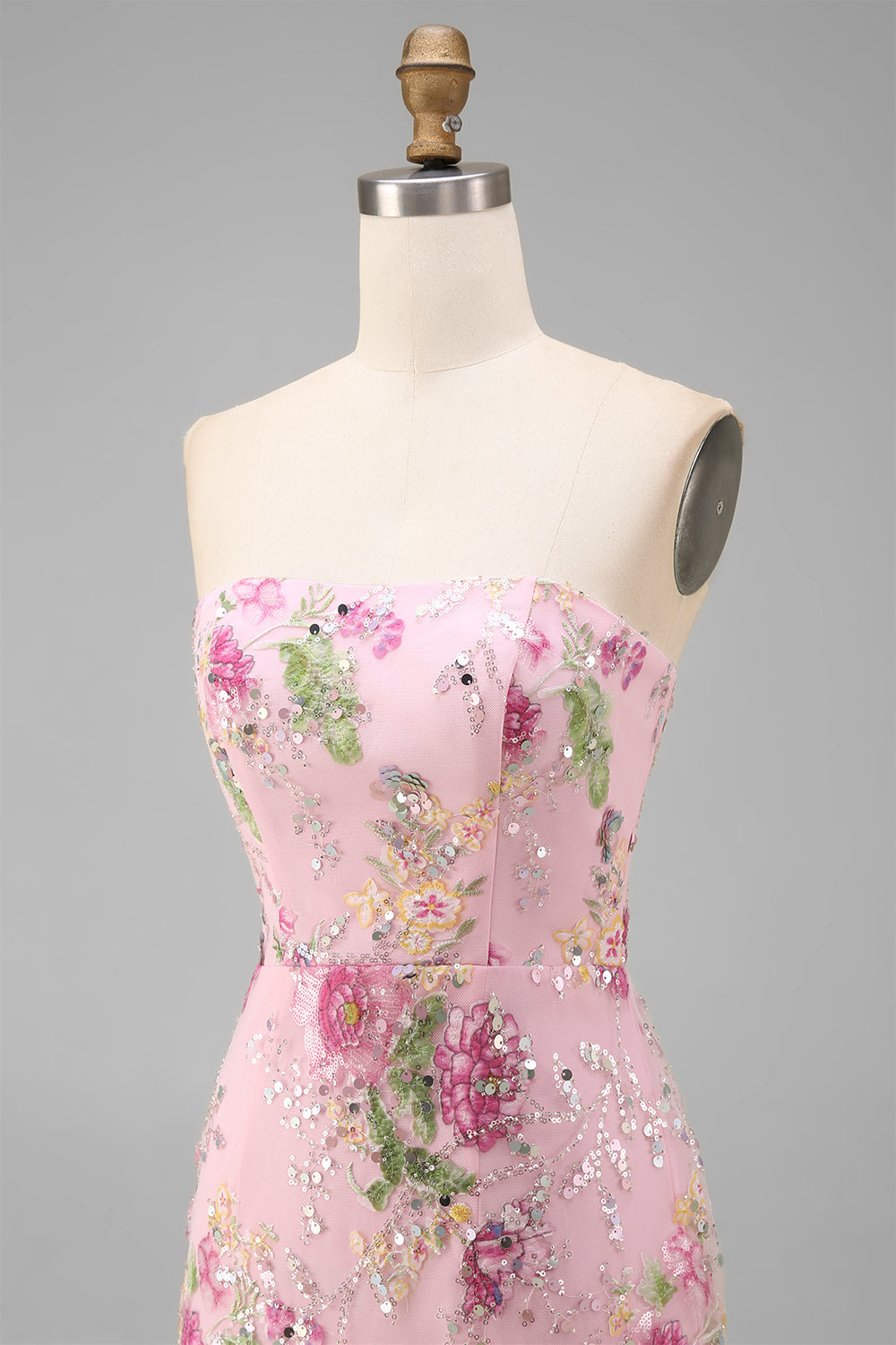 Sparkly Strapless Pink Floral Bodycon Midi Wedding Guest Dress