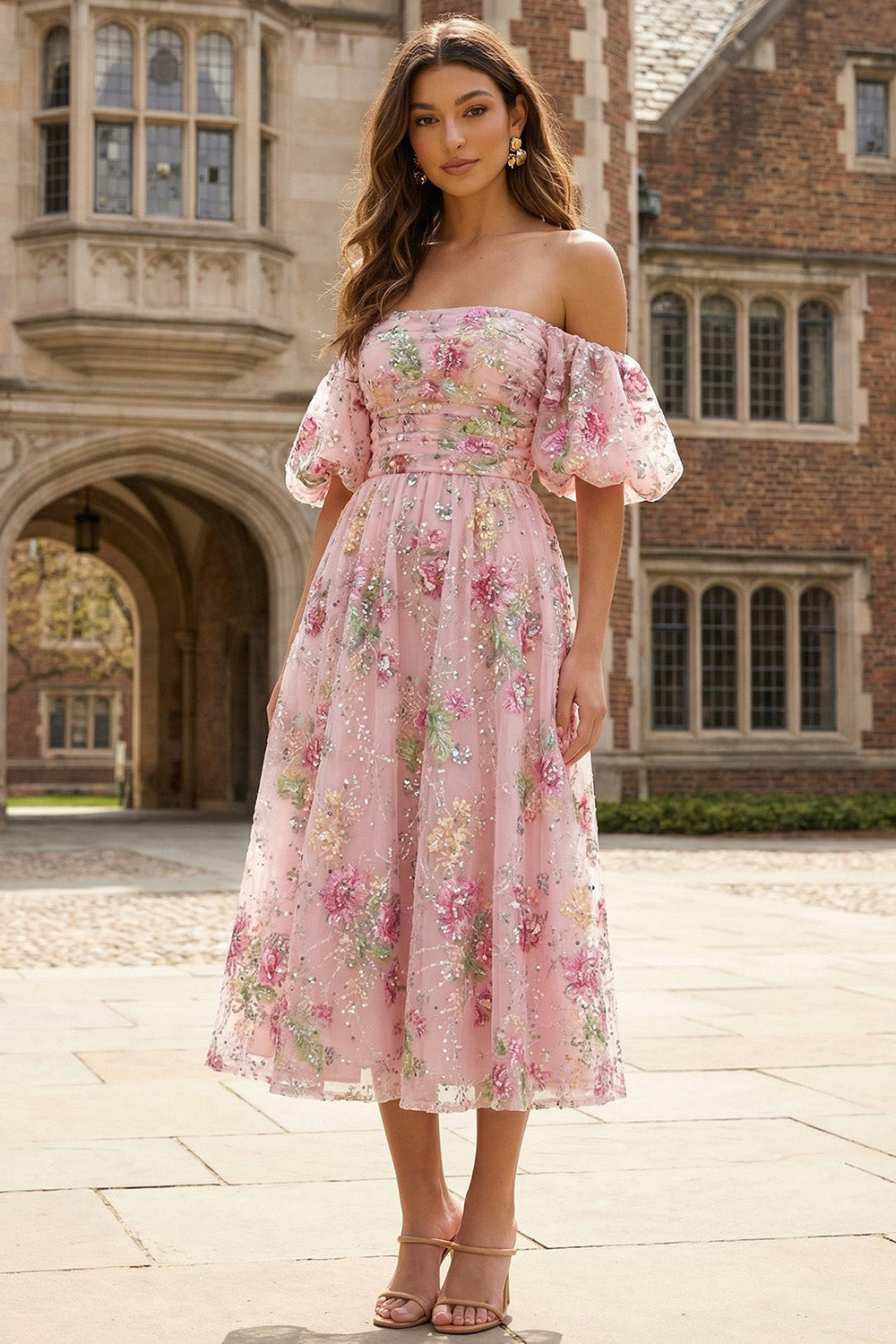 Off the Shoulder Pink Floral A Line Midi Wedding Guest Dress