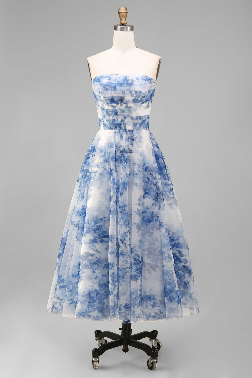 Strapless White Blue Floral A Line Midi Wedding Guest Dress