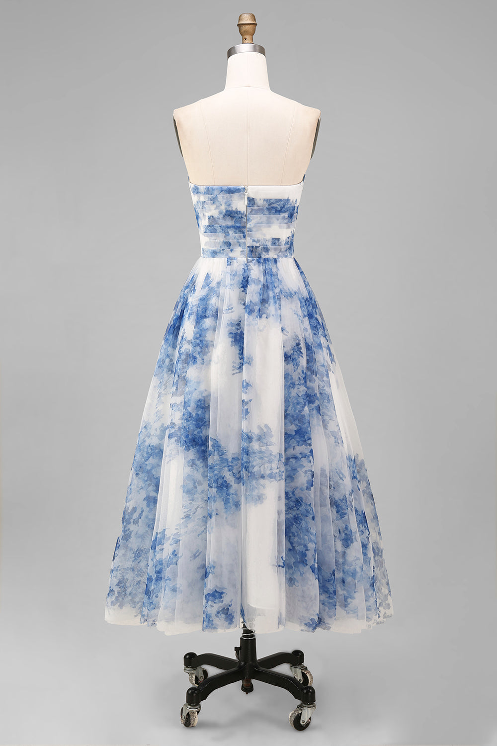Strapless White Blue Floral A Line Midi Wedding Guest Dress