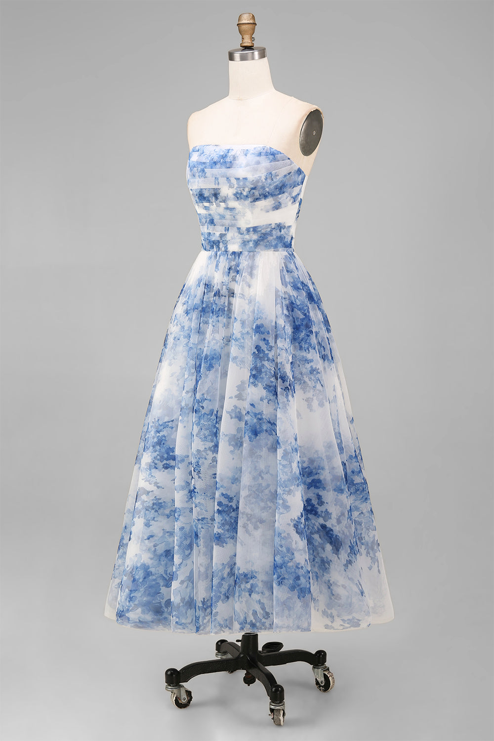 Strapless White Blue Floral A Line Midi Wedding Guest Dress