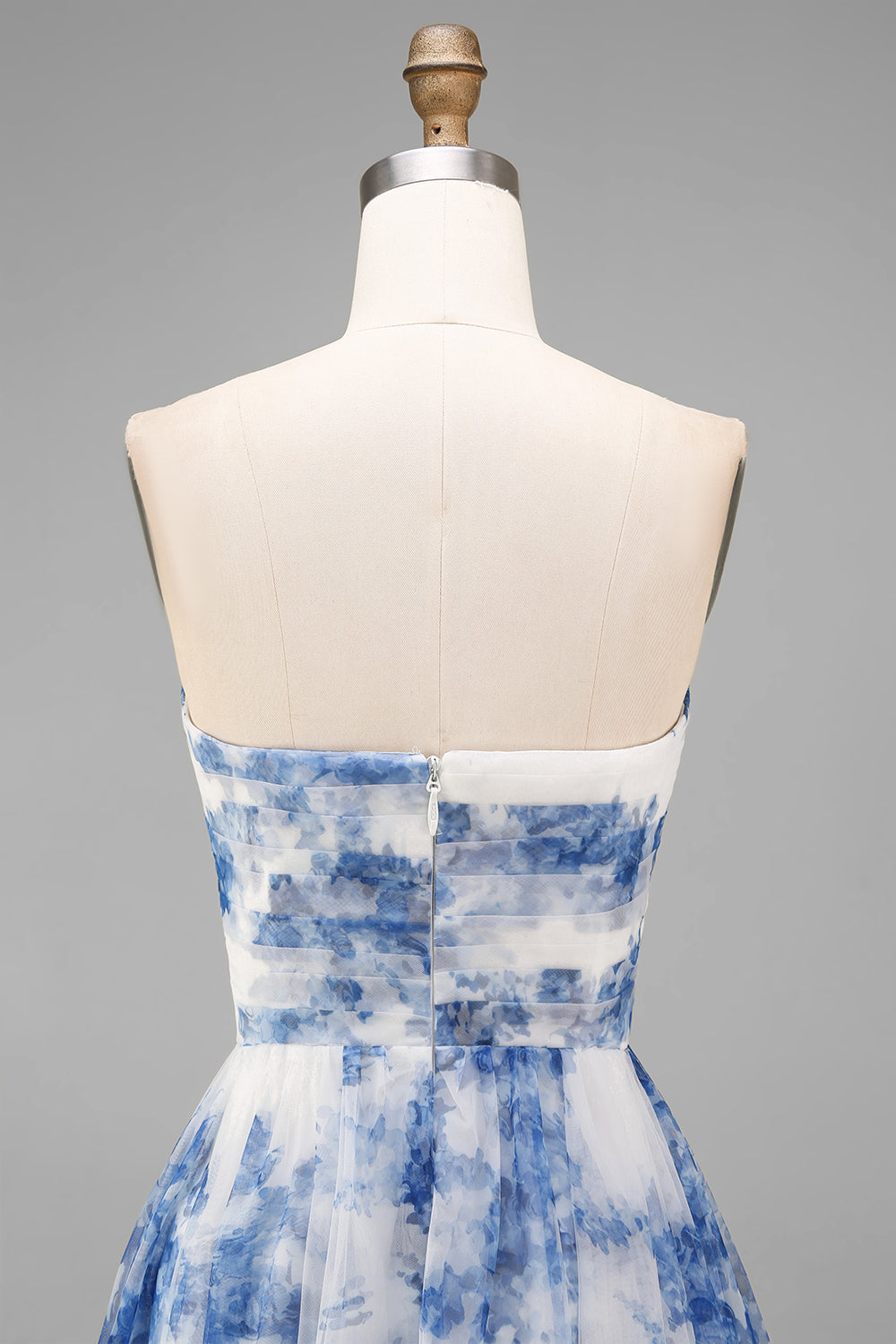 Strapless White Blue Floral A Line Midi Wedding Guest Dress