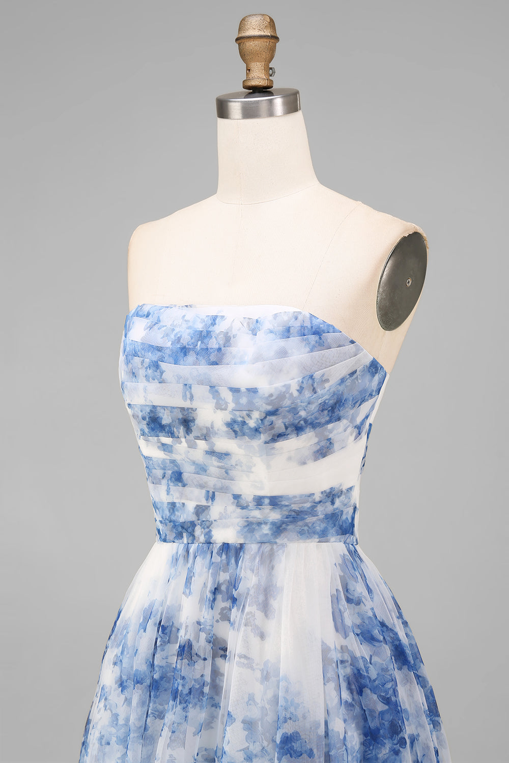 Strapless White Blue Floral A Line Midi Wedding Guest Dress