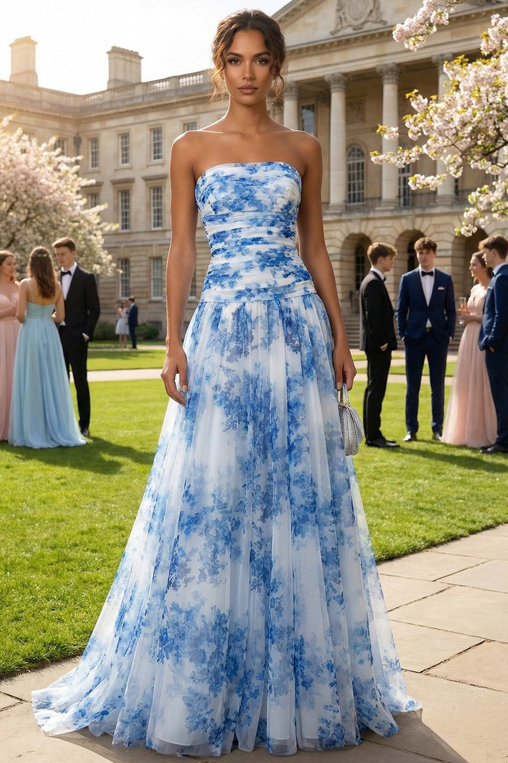 Strapless White Blue Floral A Line Maxi Wedding Guest Dress