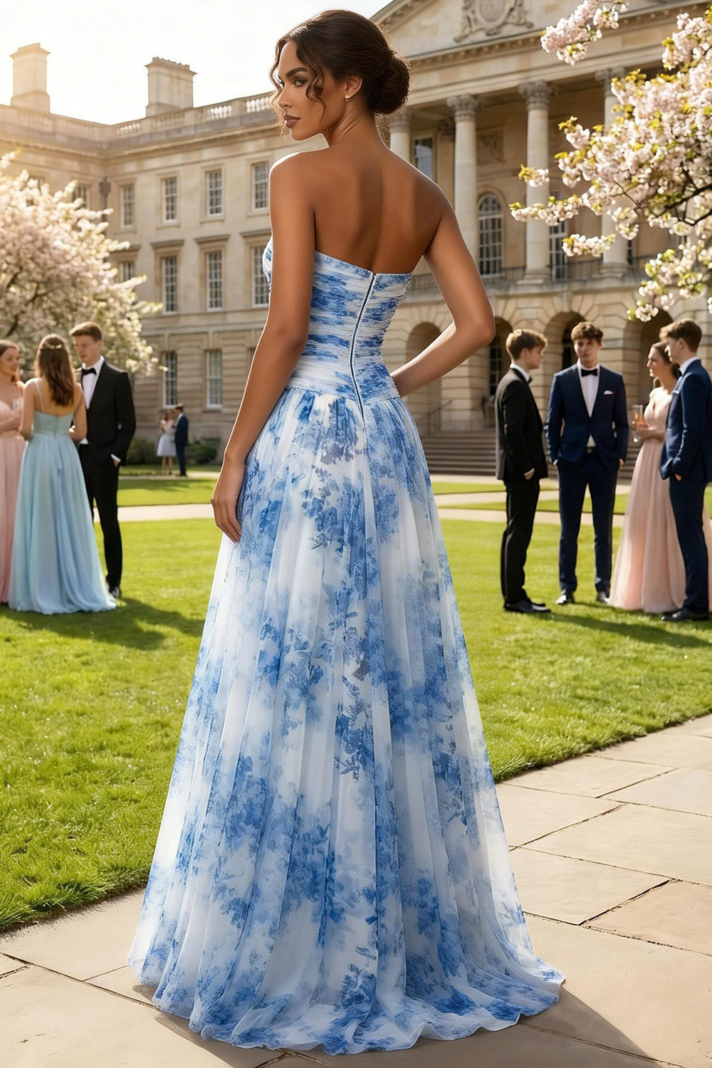 Strapless White Blue Floral A Line Maxi Wedding Guest Dress