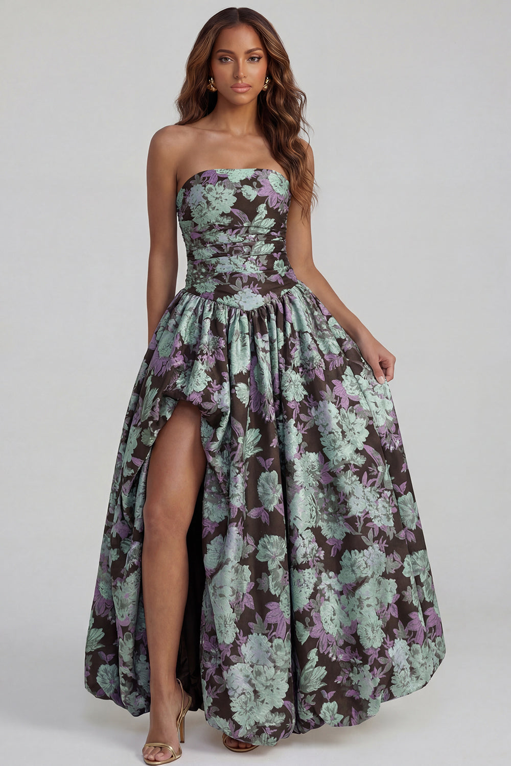Strapless A Line Blue White Floral Wedding Guest Dress with Slit