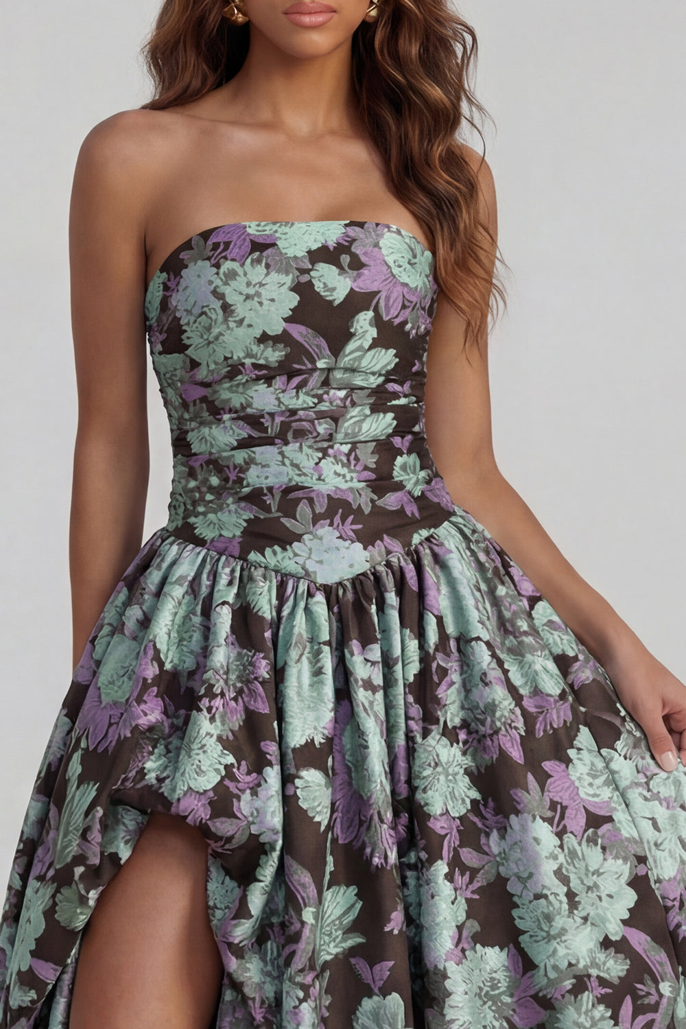 Strapless A Line Blue White Floral Wedding Guest Dress with Slit
